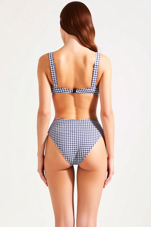 Kadın Ekose Desenli Bralette Kesim Kolsuz Dokulu Bikini Takımı Balensiz Fonksiyonel Modern