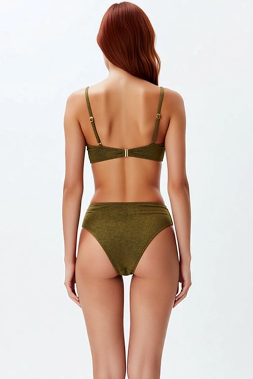 Kadın Bikini Takımı Ayarlanabilir Askılı Kaplı Yüksek Bel Simli Örme Balensiz Aksesuarlı Regular