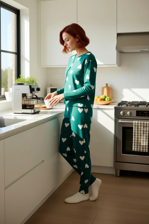 Kadın Kalpli Desenli Pamuklu Pijama Takımı Kış Mevsimi İçin Rahat Uyku Konforlu Kesim