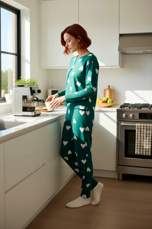 Kadın Kalpli Desenli Pamuklu Pijama Takımı Kış Mevsimi İçin Rahat Uyku Konforlu Kesim