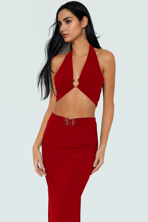 Şık V Yaka Fitted Örme Bluz Etek Plaj Takımı Görünüm Modern Stil Premium Kalite