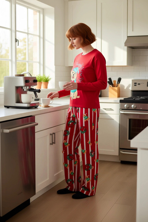 Kadin Kirmizi Kopek Baskılı Uzun Kollu Pijama Takımı Fonksiyonel Dayanıklı Kaliteli Modern
