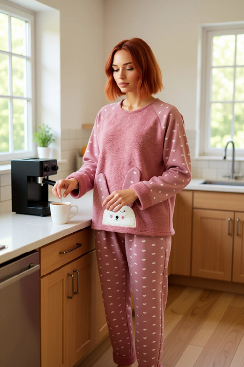 Kadın Sevimli Tavşan Detaylı Polar Pijama Takımı Fonksiyonel Dayanıklı Kaliteli Konforlu Şık
