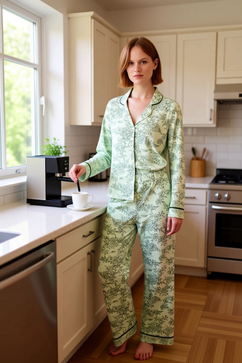 Kadın Çiçekli Gömlek Yaka Uzun Kollu Pijama Takımı Fonksiyonel Dayanıklı Kaliteli Konforlu