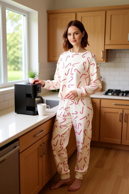 Kadın Kışlık Yılbaşı Baskılı Pamuklu Pijama Takımı Rahat Kullanım Günlük İçin