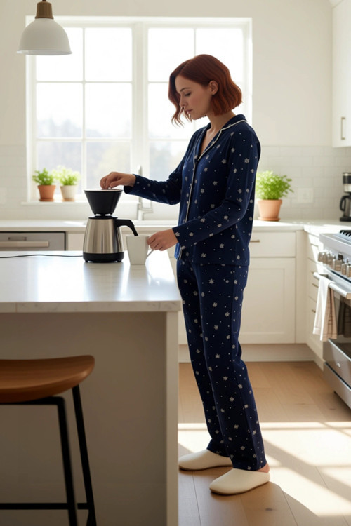 Kadın Kışlık Pamuklu Pijama Takımı Biyeli Desenli Rahat Ev Giyim Seti Günlük Kullanım İçin