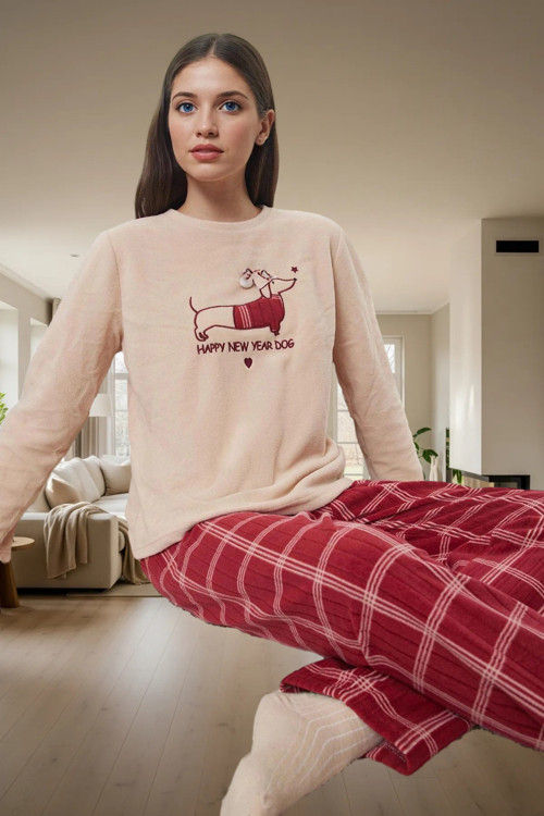 Kadın Kışlık Polar Pijama Takımı Ekose Desenli Uzun Paça Günlük Kullanım İçin Seçkin Malzeme