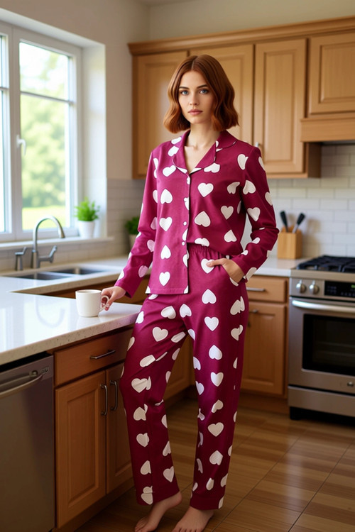 Kadın Kalp Desenli Mürdüm Gömlek ve Pantolon Pijama Takımı Fonksiyonel Dayanıklı Kaliteli Şık