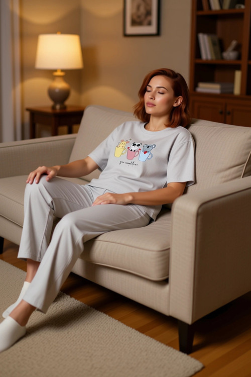 Kadın Pamuklu Rahat Baskılı Pijama Takımı Kısa Kollu Tişört Pantolon Kullanım Ve Şık