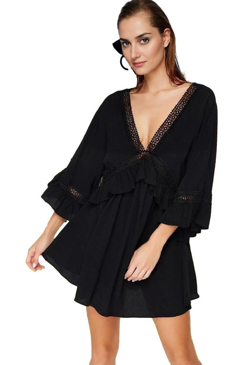 Kadın Mini Plaj Elbisesi V Yaka Büzgülü Kol Crinkle Dokuma Yazlık Zarifane Tasarım Modern Stil