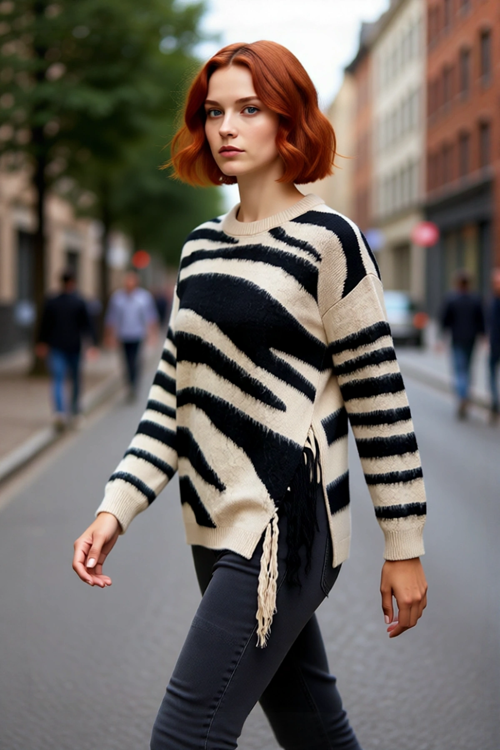 Kadın Oversize Bisiklet Yaka Zebra Desenli Akrilik Triko Kazak Kışlık Kombinlerin Vazgeçilmezi