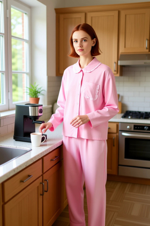 Kadın Viskoz Dokuma Pijama Takımı Fırfırlı Cep Detaylı Modern Stil Uzun Ömürlü Özel Tasarım