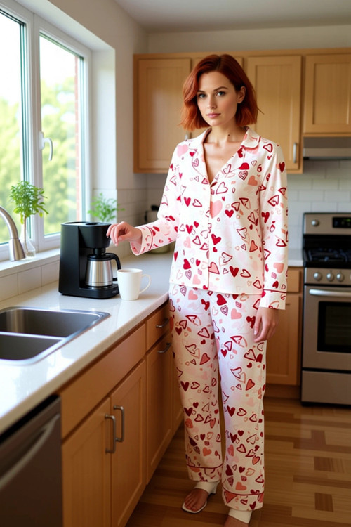 Kadın Kalp Desenli Viskon Pijama Takımı Fonksiyonel Dayanıklı Kaliteli Konforlu Estetik Şık