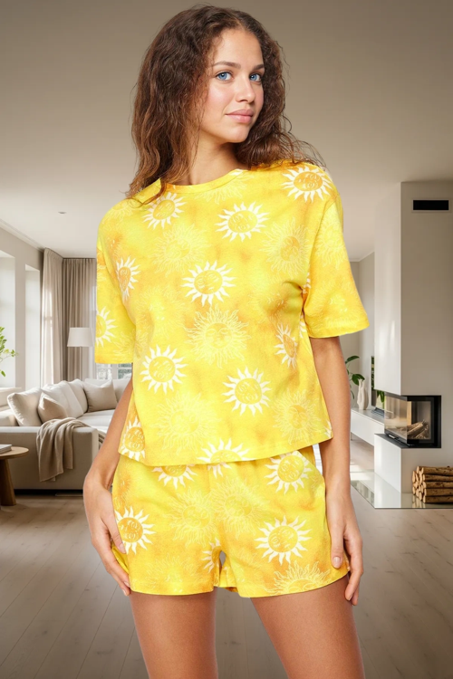 Kadın Yazlık %100 Pamuklu Güneş Desenli Kısa Kol Pijama Takımı Mükemmel Uyum Profesyonel Görünüm