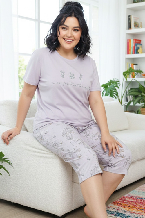 Desenli Pamuklu Büyük Beden Battal Boy Örme Kapri Pijama Takım
