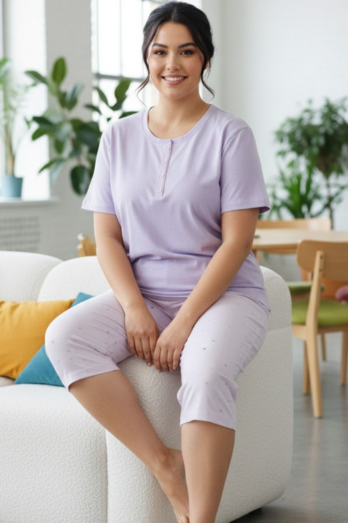 Desenli Pamuklu Büyük Beden Battal Boy Örme Kapri Pijama Takım