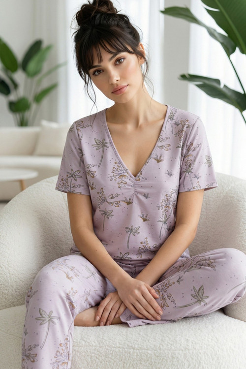 Lila Desenli Pamuklu V Yaka Örme Pijama Takım