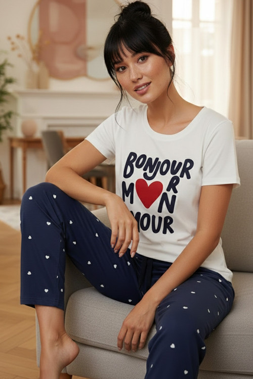 Ekru Desenli Pamuklu Bisiklet Yaka Örme Pijama Takım