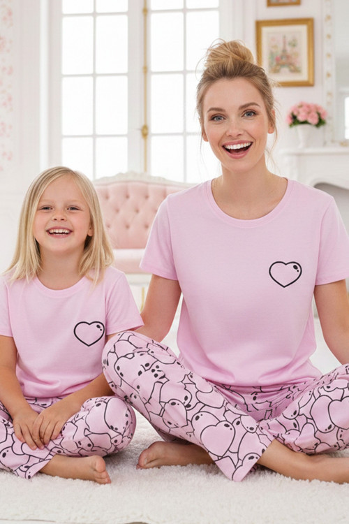 Pembe Desenli Pamuklu Bisiklet Yaka Örme Pijama Takım