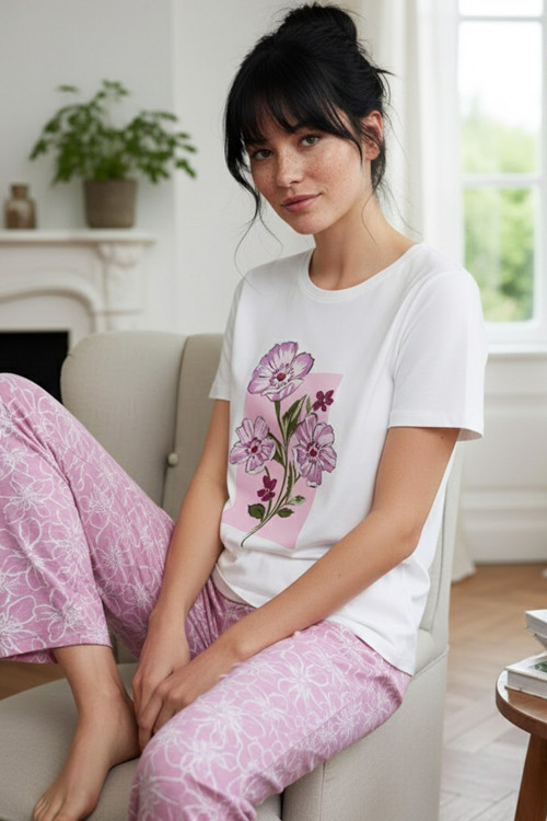 Ekru Desenli Pamuklu Bisiklet Yaka Örme Pijama Takım