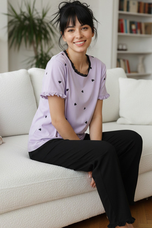 Lila Desenli Pamuklu Bisiklet Yaka Örme Pijama Takım
