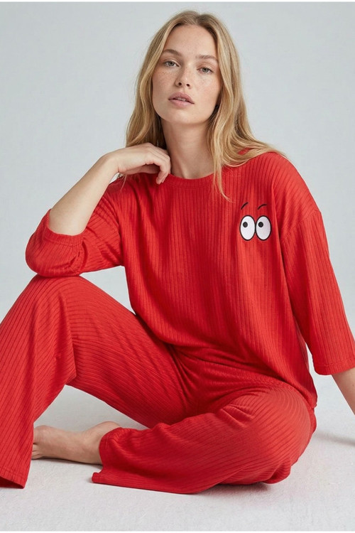 Soft Touch Ince Örme Nakışlı Pijama Takım