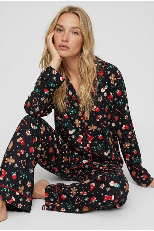 siyah yılbaşı temalı desenli yumuşak dokulu süet Örme Pijama Takım 7588