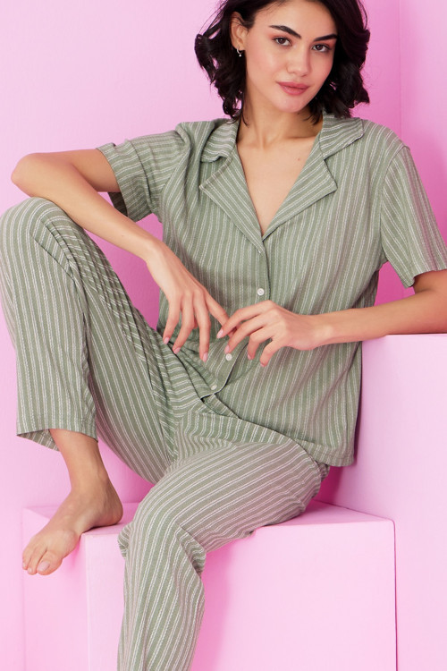 Bürümcük Krınkıl Kumaş Örme Düğmeli Pijama Takım7873