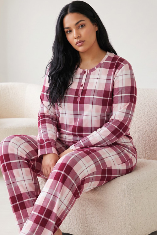 Düğmeli Pamuklu Likralı Büyük Beden Battal Boy Örme Pijama Takım26240959