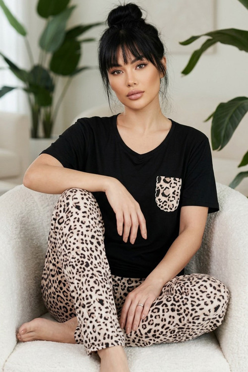 Siyah Leopar Desenli Pamuklu V Yaka Örme Pijama Takım