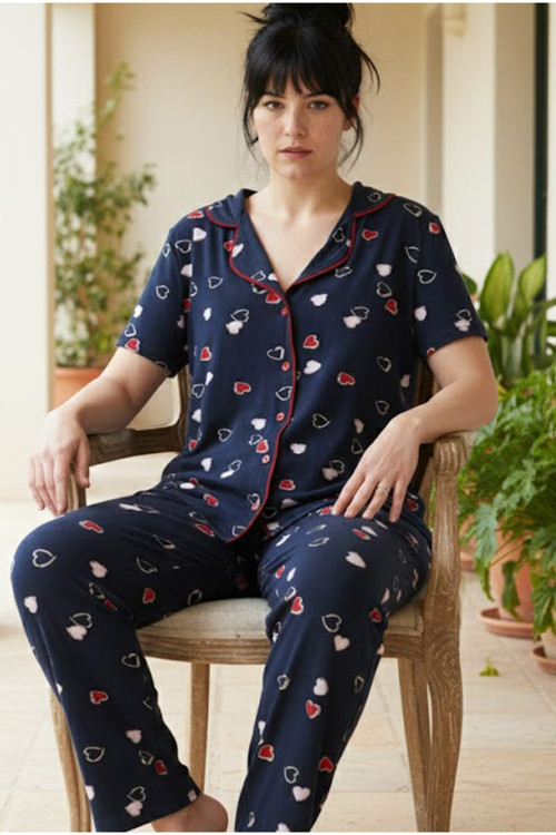 Beden Battal Boy Düğmeli Biyeli Viskon Örme Pijama Takım 26120962