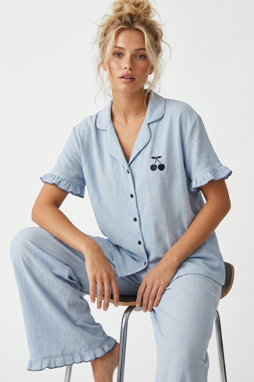 Nakışlı Bürümcük-Krınkıl Kısa Kollu Düğmeli Pijama Takım 8057