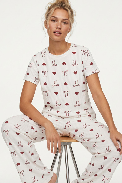 Bisiklet Yaka Yumuşak Tuşe Yazlık Fitilli Pamuklu Örme Pijama Takım 7995