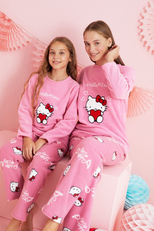 Lisanslı Polar Çok Renkli Nakışlı Bisklet Yaka Pijama Takım HK311