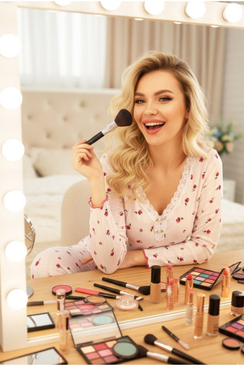 Pamuklu Delikli Dantelli Örme Pijama Takım7928-6