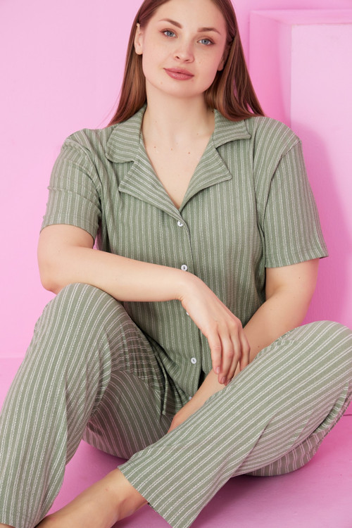 Bürümcük Krınkıl Kumaş Örme Büyük Beden Düğmeli Pijama Takım7874