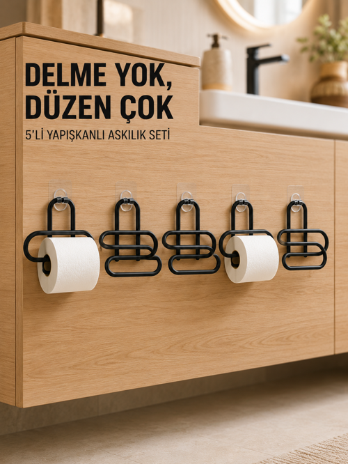 popüler Siyah Metal Tuvalet Kağıdı Tutucu 5’li Set Yapışkanlı Duvar Tipi Banyo WC Askısı