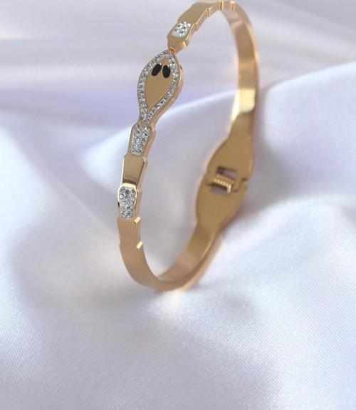 316L Çelik Gold Renk Yılan Model Zirkon Taş Detay Kadın Kelepçe - TJ-BB5054