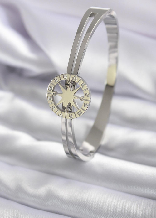 316L Çelik Gümüş Renk Zirkon Taşlı Kutup Yıldızı Detay Burç İşlemeli Kadın Kelepçe - TJ-BB5566