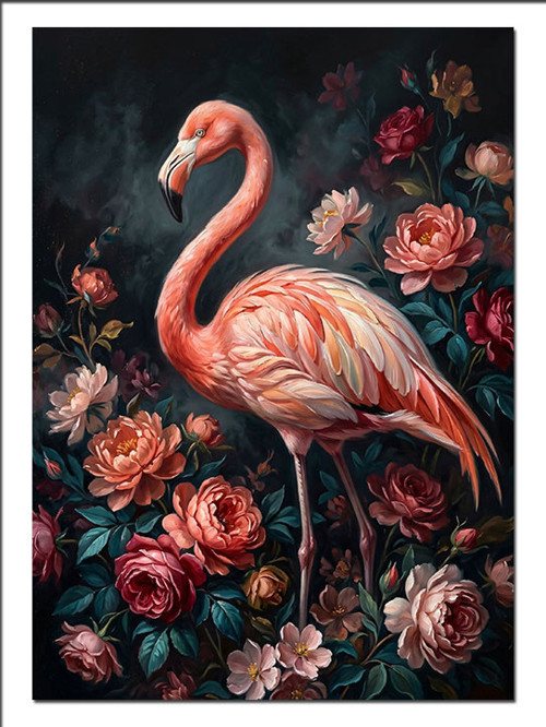 Pembe Güller Arasında Zarif Flamingo Dekoratif Kanvas - Mdf Ahşap Tablo