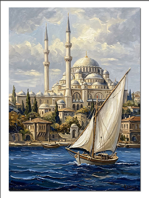 İstanbul Camii Ve Yelkenli Deniz Dekoratif Kanvas - Mdf Ahşap Tablo