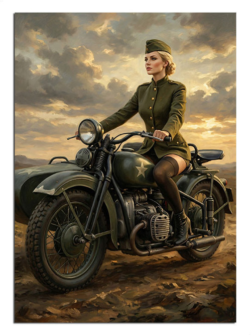 Motosikletli Askeri Kadın Pin-Up Dekoratif Kanvas - Mdf Ahşap Tablo