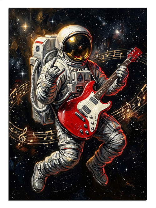 Gitar Çalan Astronot Uzayda Dekoratif Kanvas - Mdf Ahşap Tablo