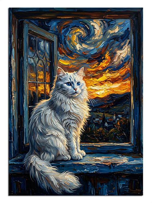 Pencerede Van Gogh Kedisi Dekoratif Kanvas - Mdf Ahşap Tablo