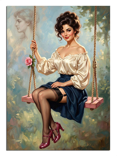 Salıncakta Oturan Retro Pinup Kız Dekoratif Kanvas - Mdf Ahşap Tablo