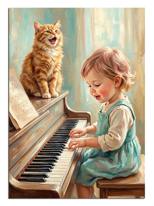 Piyanoda Kedi Ve Çocuk Dekoratif Kanvas - Mdf Ahşap Tablo