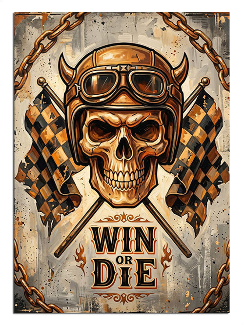Win Or Die Motorcu Kafatası Dekoratif Kanvas - Mdf Ahşap Tablo