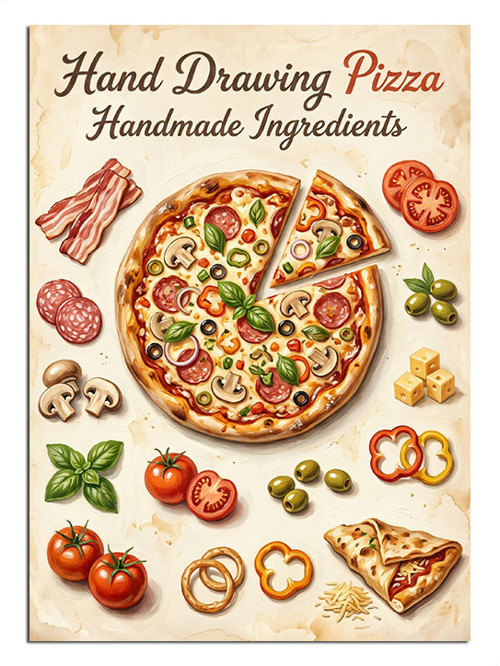 El Çizimi Pizza Malzeme Kolajı Dekoratif Kanvas - Mdf Ahşap Tablo