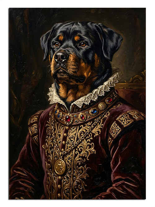 Kral Kıyafetli Rottweiler Köpek Portresi Dekoratif Kanvas - Mdf Ahşap Tablo