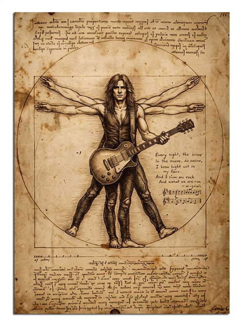 Vitruvius Adam Gitarlı Rock Çizimi Dekoratif Kanvas - Mdf Ahşap Tablo